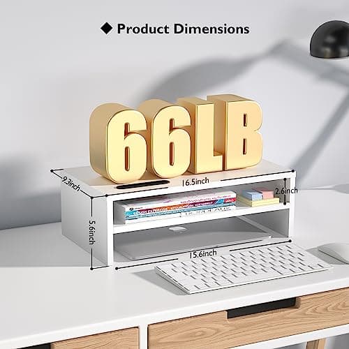 BONTEC Wooden Monitor Stand Riser, 2-Tier Desk Shelf with Storage Organizer, Ergonomic Computer Stand with Cable Management, Cellphone Holder, White, 16.5 Inch 5
