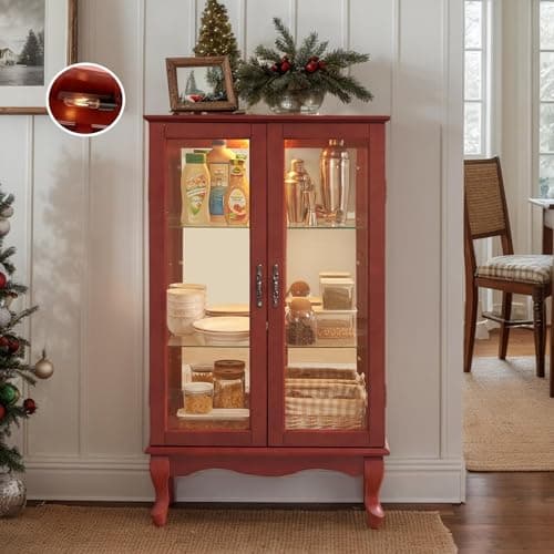 44" Small LED Glass Accent Curio Cabinet, Vintage China Cage with 2 Tempered Glass Doors & Adjustable Shelves, Acrylic Mirrored Pane, Elegant Wine Artwork Showcase for Living Room/Kitchen (Cherry)