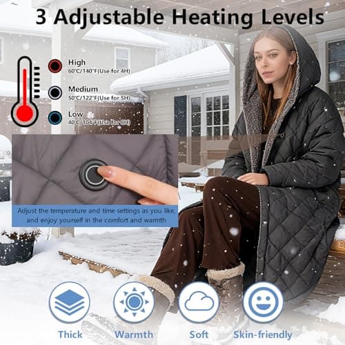 Portable Heated Battery Blanket Cordless Heated Blanket Wireless Wearable Heated Blanket Recharge for Women,20000mah,Electric Throw Blanket Snuggle Heated Coat Hoodie Heating Robe for Outside 45"x32" 5