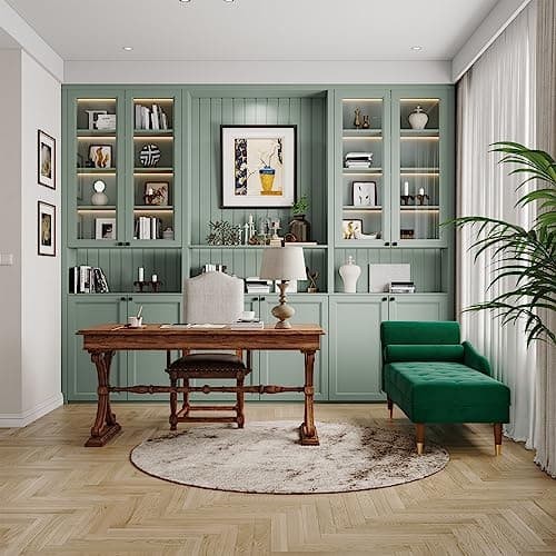 Vesgantti 59" Velvet Chaise Lounge Indoor,Upholstered Furniture Lounge Chair with Left Armrest & Lumbar Pillow, Button Tufted Lounge Sofa for Living Room Bedroom Office,Tool-Free Assembly(Green) 8