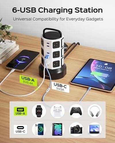 Power Strip Tower Surge Protector, JACKYLED 12 Outlets 6 USB (2 USB C) Charging Station, Extension Cord with Multiple Outlets, 1050J 1625W/13A Outlet Extender 6.5ft Extension Cord for Home Office 5