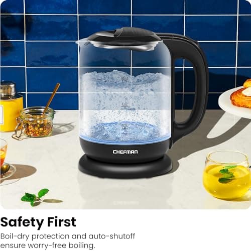 Chefman 1.7 Liter Electric Glass Tea Kettle, Fast Hot Water Boiler, One Touch Operation, Boils 7 Cups, Swivel Base & Cordless Pouring, Auto Shut-Off 9