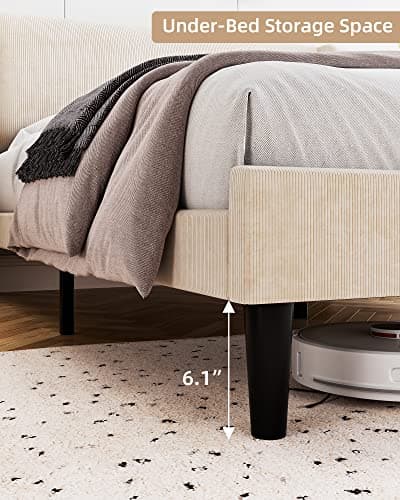 Homhougo Full Bed Frame with Headboad and Wingback, Velvet Upholstered Platform Bed with 2 Storage Pockets, Sturdy Wood Slat Support, No Box Spring Needed, Easy Assembly, Beige 7