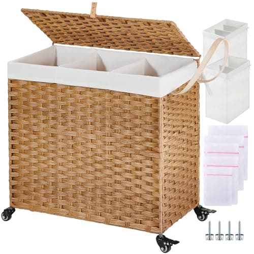 Greenstell Laundry Hamper with Wheels&Lid, 130L Large 3 Sections Clothes Hamper with 2 Types Removable Liner Bags, 5 Mesh Laundry Bags, Handwoven Divided Laundry Basket for Clothes, Natural