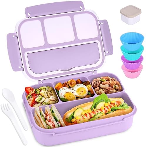 Bento Box Adult Lunch Box, Lunch Containers for Kids Girls Boys with 4 Compartments, Lunchable Food Container with Utensils, Sauce Jar, Muffin Liners, 40 Oz/5 Cup, Microwave Safe, Lavender