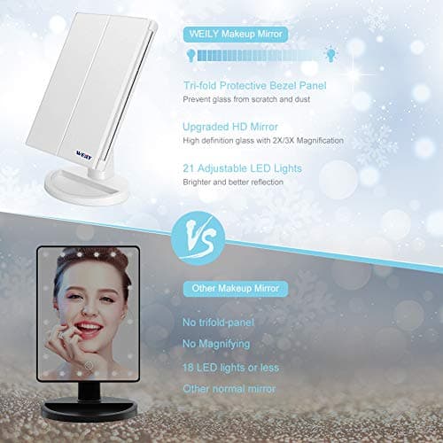 WEILY Makeup Mirror with 21 LED Lights,Two Power Supply Modes, Adjustable Touch Screen and 1x/2x/3x Magnification Tri-Fold Vanity Mirror,Chargeable Travel Cosmetic Mirror for Desktop(White) 7