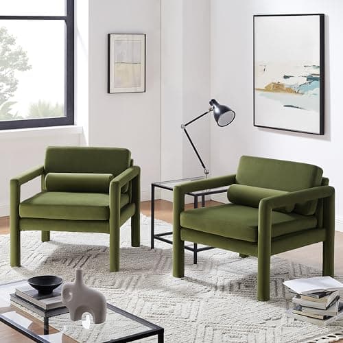 Art Leon Accent Chairs Set of 2, Modern Velvet Upholstered Arm Chairs, Sofa Chairs Lounge Chairs with Pillow for Living Room Bedroom, Green
