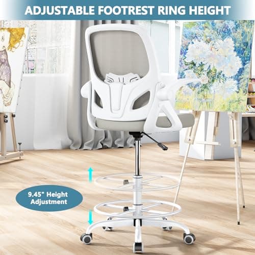 Kensaker Tall Drafting Chair with Footrest Ring for Home and Work, Ergonomic Home Desk Office Chair with Flip up Arms and Lumbar Support, Extended Height Executive Desk Office Chair(Gray) 6