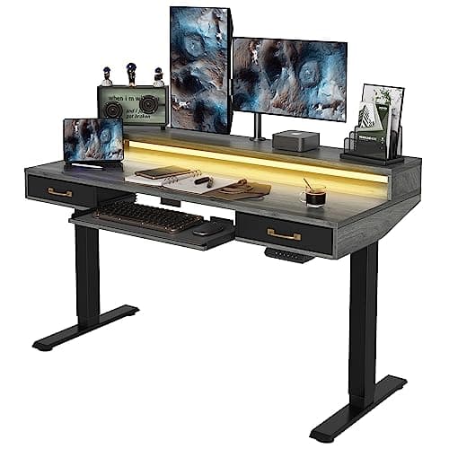FEZIBO 55 x 25 Inch Height Adjustable Electric Standing Desk with Double Drawers&Keyboard Tray, Stand Up Desk with LED Strips, Sit Stand Desk with Monitor Stand, Rustic Grey 9