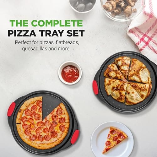 NutriChef 2-Piece 13-Inch Nonstick Pizza Tray, Round Carbon Steel Non-Stick Pizza Pan with Perforated Holes, Premium Bakeware Pizza Screen with Silicone Grip Handles, Dishwasher Safe, NCBPIZX2 9