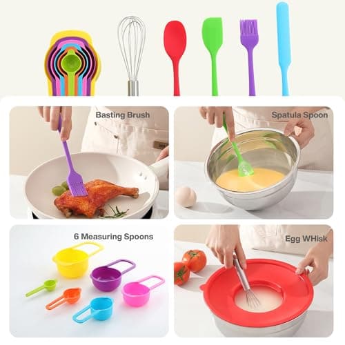 Mixing Bowls with Lids Set, 7PCS Mixing Bowl set for Baking Cooking Prepping & Food Storage, Stainless Steel Mixing Bowls Multi-Color, Includes Measuring Cups Spoon brush whisk and Bowls for Kitchen 6