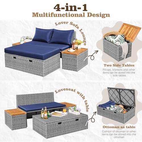 Flamaker Outdoor Rattan Lounge Chair with 2 Side Tables, Multifunctional Outdoor Patio Daybed with Footrest, Cushions, Storage Ottoman,Chaise Lounge Chair for Backyard Porch Poolside(Deep Blue) 8