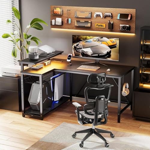 Bestier Gaming Desk with Power Outlets, 42" L-Shaped Computer Desk with LED Lights, Desk with Reversible Storage Shelves & Hooks for Small Spaces, Bedrooms & Offices, Black Carbon Fiber 8
