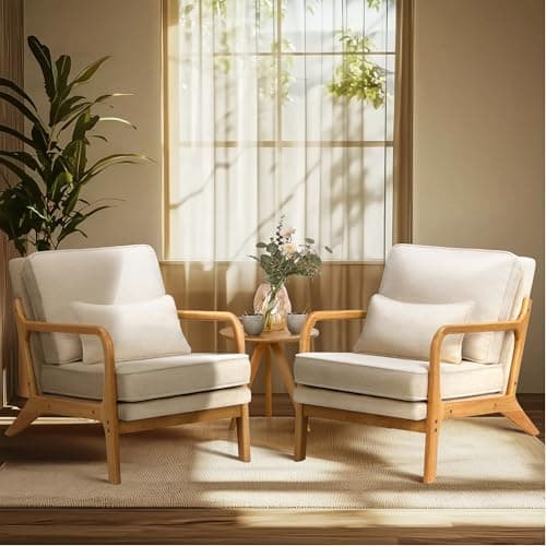 COLAMY Mid Century Modern Accent Chair Set of 2 with Lumbar Pillow, Relaxing Armchair with Solid Wood Frame & Soft Cushion, Reading Leisure Chair for Living Room(Beige)