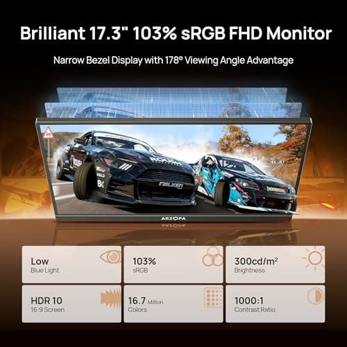 ARZOPA 17.3" Portable Monitor, 1080P FHD 103% sRGB IPS Gaming Monitor Laptop Monitor with Built-in Kickstand HDMI USB C External Screen for PC Mac Phone Xbox PS5 - A1M 5
