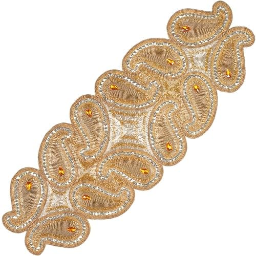 Beaded Runner 36 inch Scrolled Decorative Table Mat - 13x36 Inch Home Decor Mat for Wedding Christmas Decoration Family Gathering Party Beaded Runner Size -13" x 36" in Beige Gold