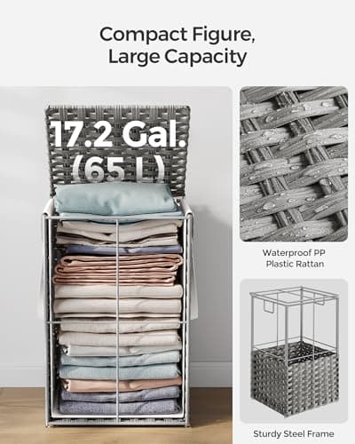 SONGMICS Laundry Hamper with Lid, 17.2 Gallon (65 L) Synthetic Rattan Clothes Laundry Basket with Lid and Handles, Foldable, Removable Liner, Dove Gray ULCB165G01 5