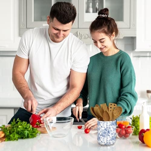 JarThenaAMCS Chinoiserie Floral Ceramic Utensil Holder Blue Flower Butterfly Utensil Crock for Home Kitchen Countertop Storage Organizer Container 7