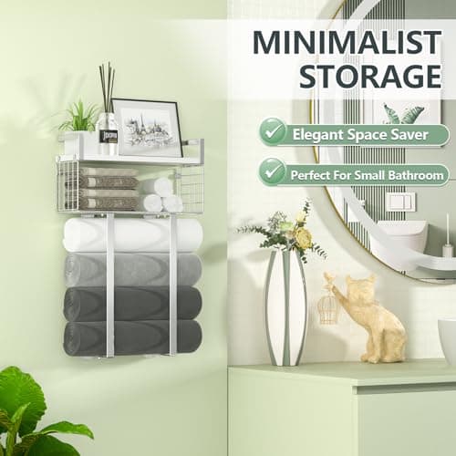 Towel Racks for Bathroom, Bathroom Shelf Over Toilet,Floating Shelves with Towel Rack Paper Holder Storage Basket,Floating Shelves for Wall Decor,Silver 7