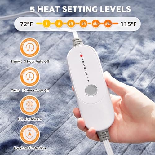 HYLEORY Electric Heated Throw Blanket 50''x60'' - Soft Thick Faux Fur Heating Blanket with 5 Heat Levels & Auto-Off 3 Hrs, Fluffy Flannel Warm Blankets for Winter Couch Bed,ETL Certification, Grey 2