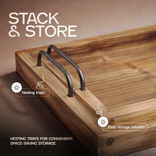 Besti Rustic Vintage Food Serving Trays (Set of 2) | Nesting Wooden Board with Metal Handles | Stylish Farmhouse Decor Serving Platters | Large: 15 x2 x11 - Small: 13 x2 x9 inches (Rustic Burnt) 5