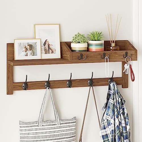 AMBIRD Wall Hooks with Shelf, 26.57 Inch Entryway Wood Coat Hooks for Wall with Shelf, Coat Rack Wall Mount with 5 Dual Hooks 3 Key Hooks Mail Organizer and Key Rack Holder (Brown)
