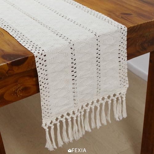 Fexia Table Runner with Tassels Boho Macrame 72 Inches Long Cream Rustic Table Runner for Home Farmhouse Bohemian Dining Bedroom Decor Baby Bridal Shower(12x72 Inches) 5