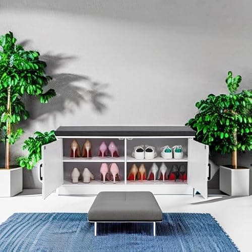 HOMSHO 2-Tier Storage Bench, 39.4" Wide Shoe Bench with Padded Seat Cushion, Entryway Bench with 2 Barn Doors and Adjustable Shelf, White 5