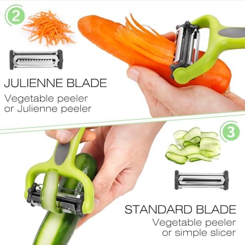 Senbowe Julienne Peeler, Potato Vegetable Peeler for Kitchen, I and Y Potato Peelers for Apple Fruit Carrot Zucchini Cucumber Veggie, 3 in 1 Blade Spin Design, Anti-Slip Handle 5