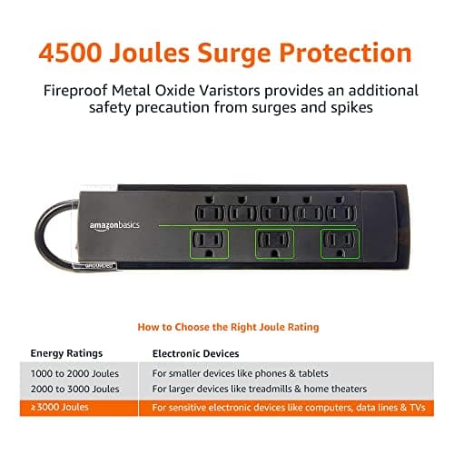 Amazon Basics Rectangular 8-Outlet Power Strip Surge Protector, 4,500 Joule - 6-Foot Cord, Black/Green 5