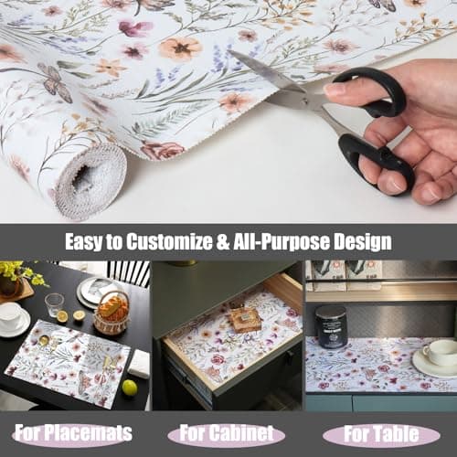 Shelf and Drawer Liner for Kitchen Cabinets, Non-Adhesive and Strong Non-Slip Floral Shelf Cabinet Drawer Liners for Kitchen, Waterproof Cupboard Liners,Easy to Clean,12IN x 10FT 6