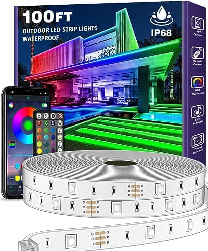 AILBTON 100ft Outdoor LED Strip Lights Waterproof,IP68 Outside Led Light Strips Waterproof with Bluetooth App Remote Control,Music Sync RGB Exterior Led Rope Lights,for Balcony,Deck,Roof,Garden,Pool.