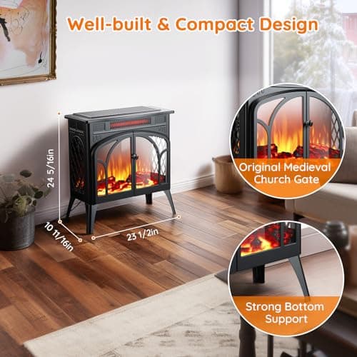 Rintuf Electric Fireplace Heater, 1500W Infrared Fireplace Stove w/ 3D Realistic Flame, 5100BTU Freestanding Electric Stove Heater with Remote Control, 8H Timing, Ideal for Indoor Home Use 9