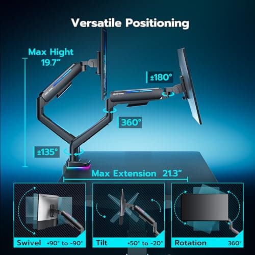 ARES WING Dual Monitor Mount for 17-35 Inch Ultrawide Heavy Duty Curved Screen, Computer Monitor Arm Desk Mount, Gas Spring Adjustable Vesa Stand, Black 5