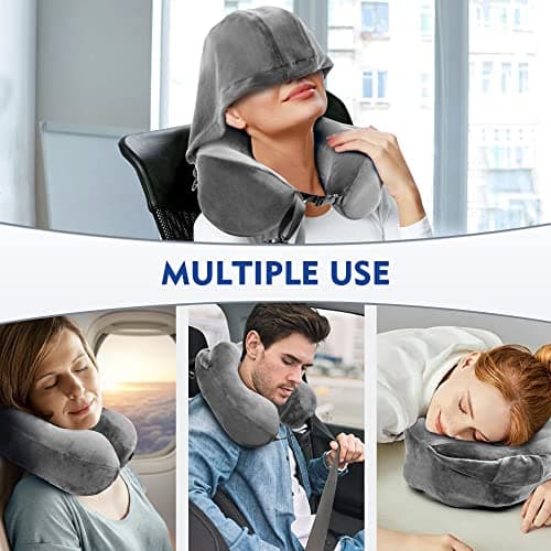 Cuddool Neck Pillow with Hood - Memory Foam Neck Pillow Head Chin Support, Airplane, Car, Office & Home Sleep Rest Travel Pillows with Hood (Grey, L) 6