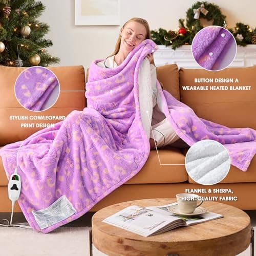 RUJIPO Leopard Print Heated Electric Blanket Twin,62X84 Purple Heating Blanket with 10 Heats Levels & 8 Hours Auto Off,Cute Cheetah Decor Sherpa Blankets Warmer Gifts for Women Couch Office,Washable 8