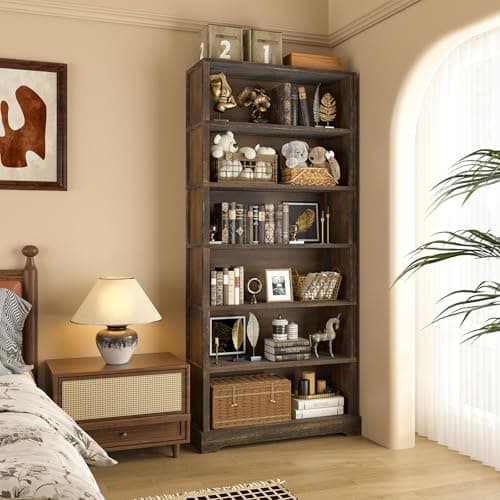 TVU 6-Tier Wooden Book Shelf, Floor-Standing Display Bookcase, 77.2" H x 31.5" W x 11" D Bookshelf, Farmhouse Style Book Case with Arched Base, Suitable for Living Room, Study, Office, Rustic Brown 9