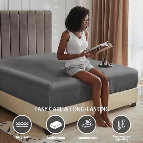 MR&HM Satin Fitted Sheet Queen Size, Silky Bottom Sheet with Elastic Corner Straps, Deep Pocket up to 15 Inch, No More Slipping Off for Mattress - 1 Fitted Sheet Only (Dark Grey) 7