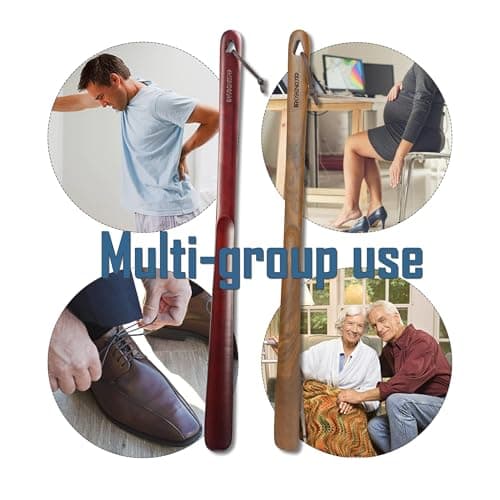 Brosisincorp Wooden Shoe Horn Long Handle For Seniors 23.6" Easy Wear Helper Shoehorns Women Kids Baby Elderly Hanging Rings Black Walnut Wood 7