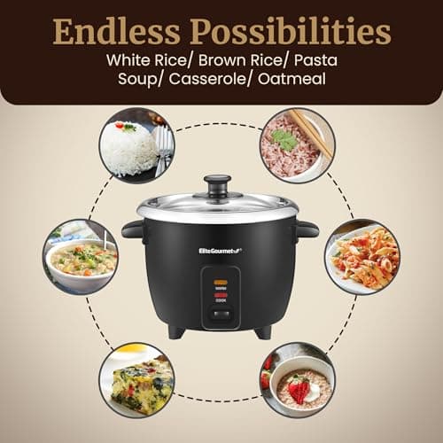 Elite Gourmet ERC006SS 6-Cup Electric Rice Cooker with Stainless Steel Inner Pot, Makes Soups, Stews, Porridges, Grains and Cereals, 6 cup (3 cups uncooked), Black 7