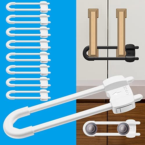 LRANFOW 10 Pack U-Shaped Baby Proof Cabinet Locks No Drilling Required, Adjustable Child Safety Latches for Cabinets Drawers Kitchen Doors, White