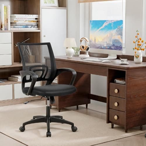 BestOffice | Ergonomic Office Chair | Mid-Back Swivel Desk Chair | Breathable Backrest & Lumbar Support | Adjustable Height | Sponge Seat | Rolling Wheels | Dark Black | for Adults & Women 6