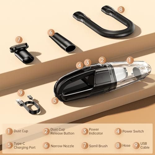 Handheld Vacuum Cordless, Rechargeable 8000PA, Car Vacuum Portable Cordless, Hand Vacuum Rechargeable, 3 in 1, Lightweight, Hand Held Vacuum Cleaner for Car Home Office, Pet Hair 7