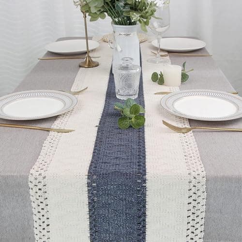 FEXIA Boho Blue Table Runner 72 Inches Long with Tassels Macrame Farmhouse Style Party Rustic Wedding Baby Bridal Shower Dining Decor (12x72 Inches) 7