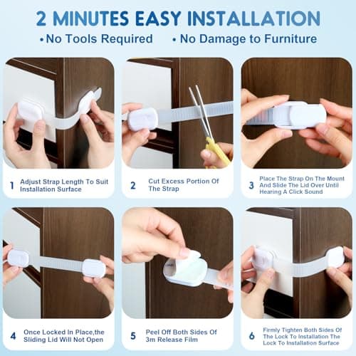 10 Pack Cabinet Locks Baby Proofing, SOGUDE Child Proof Cabinet Locks with Strong Adhesive Child Safety Locks for Refrigerator, Doors, Drawer Locks No Drilling, Cabinet Locks for Babies- White 6