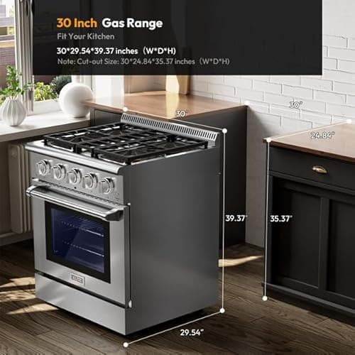 Empava Freestanding Slide-In Gas Range, Single Oven 4.2 cu. Ft, Pro-Style with 4 Sealed Ultra High-Low Burners-Heavy Duty Continuous Grates in Stainless Steel, CSA Certified, 30 Inch 7