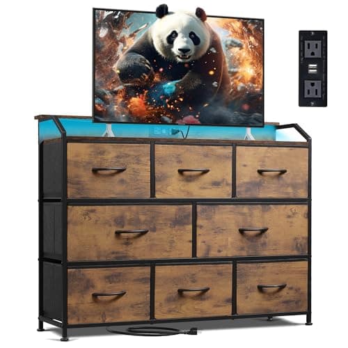 WLIVE Led Dresser for Bedroom, TV Stand for Bedroom with LED Lights and Power Outlet, Wide Chest of Drawers for Hallway, 8 Fabric Drawers for Living Room and Entryway, Rustic Brown
