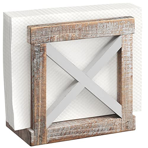 Barnyard Designs Farmhouse Napkin Holder for Table - Vintage Rustic Distressed Wooden Napkin Holder Dispenser for Kitchen, 5.5" x 5.5" (White/Brown)