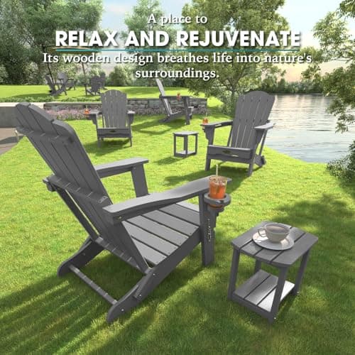 THOEOE Folding Adirondack Chair,HDPE All-Weather Outdoor Chair with Cup Holder,Wooden Textured,Fire Pit Chair,Plastic Patio Chair for Deck,Backyard,Garden,Lawn(Grey) 7