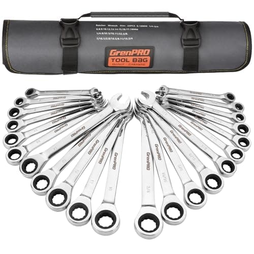 GRENPRO Ratcheting Wrench Set, Combination Wrench Set, 22-Piece SAE & Metric and Standard, 72Th Long Open End, 1/4" to 3/4" & 6-18mm, Organizer With Roll Up Pouch, CR-V Socket Mechanic Hand Tools Sets